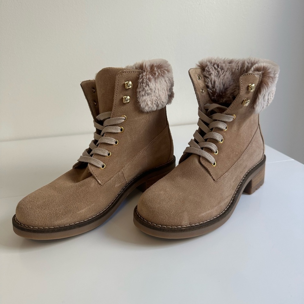 Antonio de Faria Women's Tan Suede Ankle Boots with Faux Fur Lining
